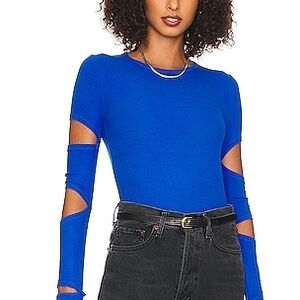 Michael Lauren Granger Blue Ribbed Long-Sleeve Cut Out Women's Top